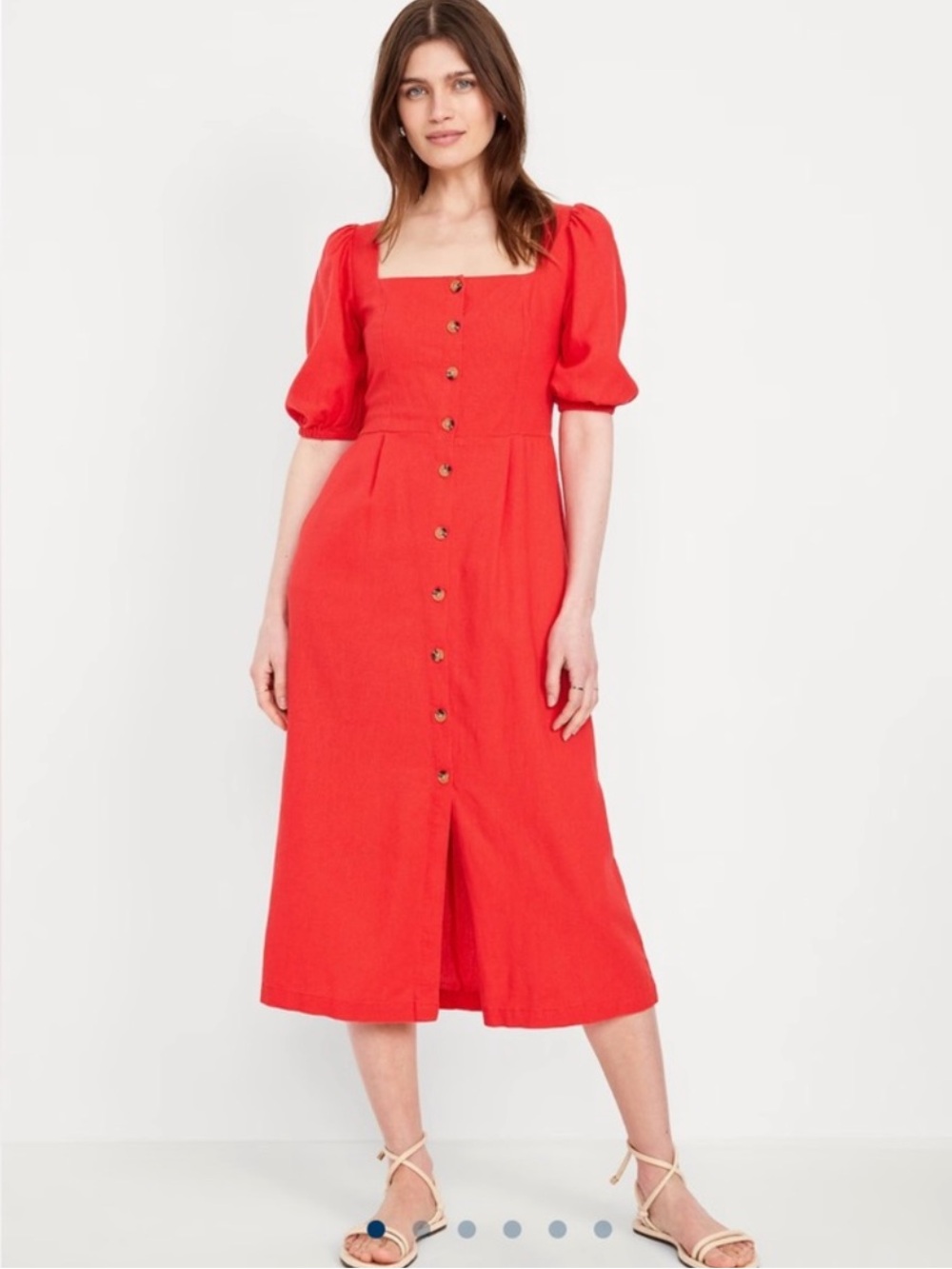 Old Navy Red Square-Neck Button Front Midi Dress with Puff Sleeves, Size M, NWOT